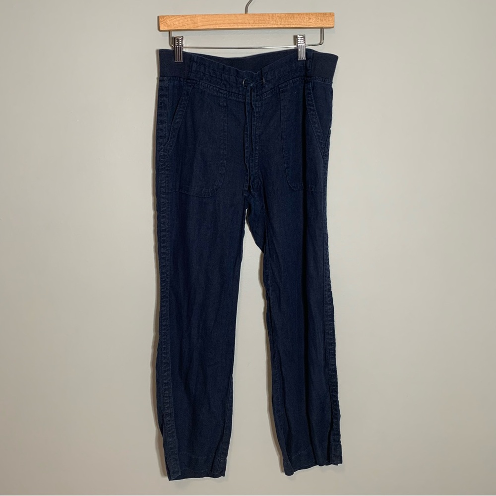 Athleta Linen Drawstring Pants Women 6 Navy Blue Straight Leg 213046-02